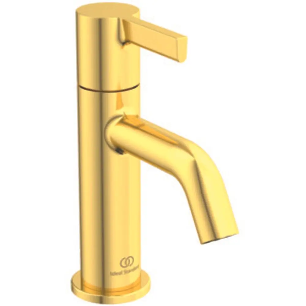 Standventil in Goldoptik mit einer Ausladung, hergestellt von Ideal Standard. Das Design ist schlicht und modern, geeignet für verschiedene Badezimmerstile.
